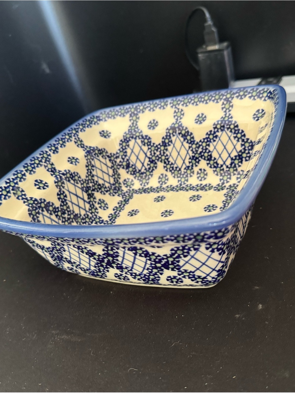 Polish Pottery Blue and Cream Ceramic Serving BowlDainty Floral Design